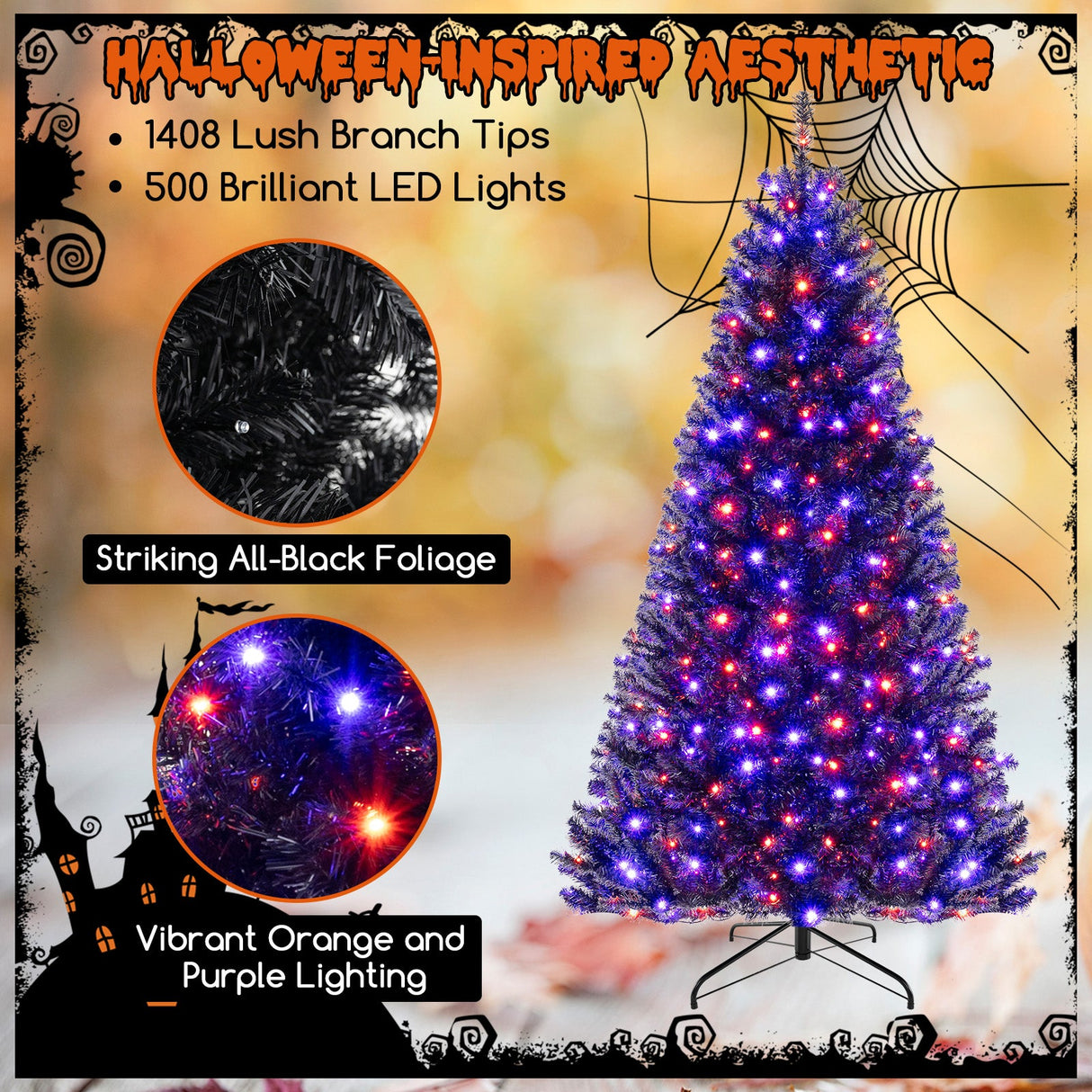 Árbol de Navidad Artificial de 6/7/8 Pies con 6 Modos de Iluminación y Sonidos Escalofriantes