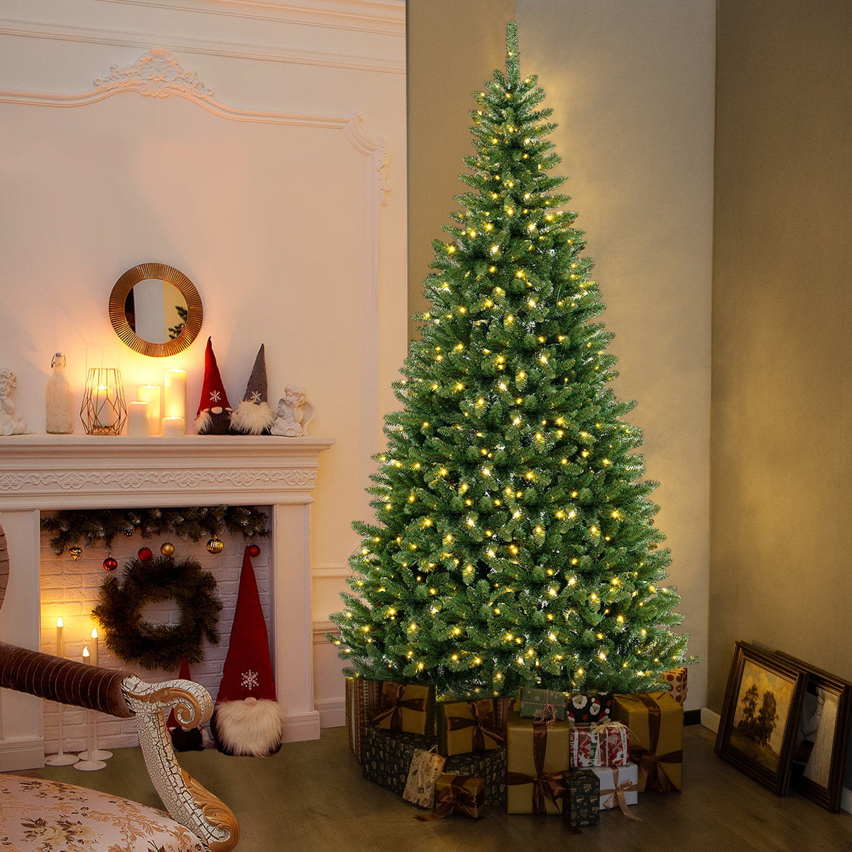 Árbol de Navidad Artificial de Esquina de 8 pies con 1137 Puntas de Rama y 360 Luces LED Blancas Cálidas