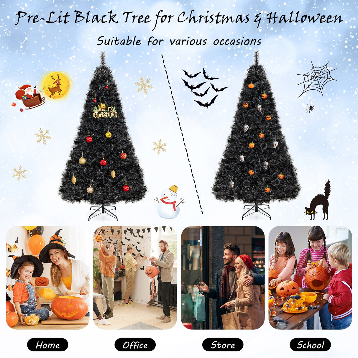 Árbol de Navidad/Halloween Artificial Negro de 6/7/8 Pies con Puntas de Rama de PVC y 210/320/450 Luces LED Blancas Frías