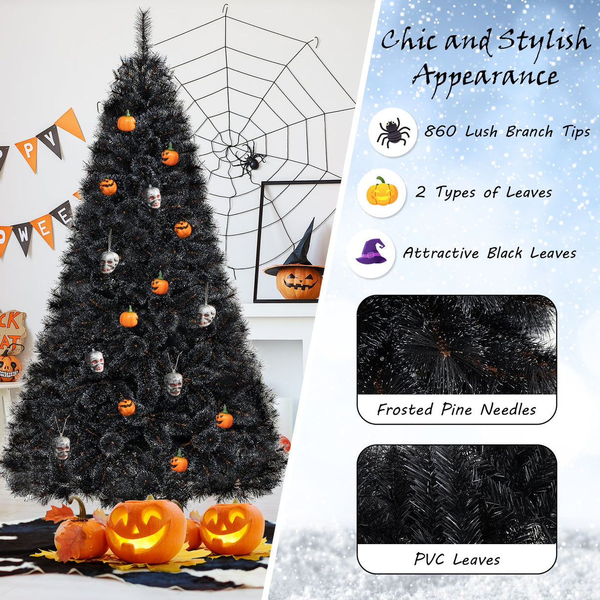 Árbol de Navidad/Halloween Artificial Negro de 6/7/8 Pies con Puntas de Rama de PVC y 210/320/450 Luces LED Blancas Frías