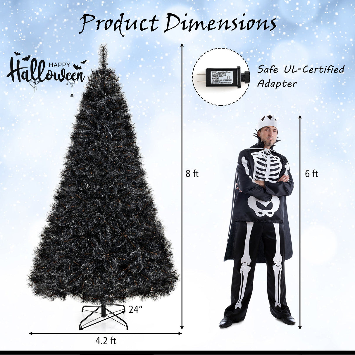 Árbol de Navidad/Halloween Artificial Negro de 6/7/8 Pies con Puntas de Rama de PVC y 210/320/450 Luces LED Blancas Frías
