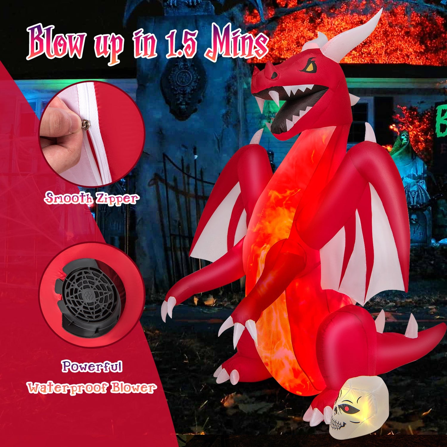 Inflables de Halloween de 8 pies, dragón rojo inflable con alas y calavera