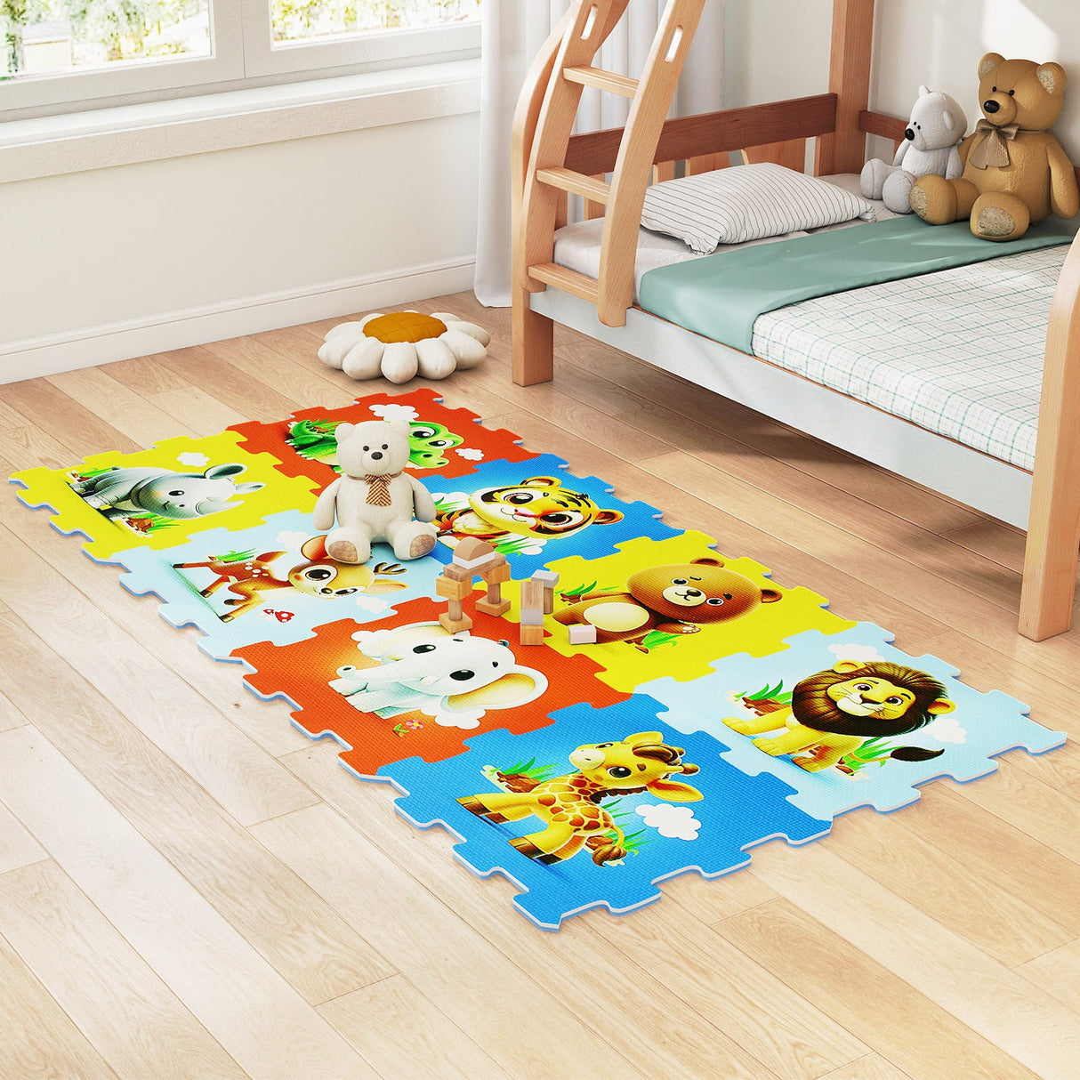 Alfombra de juego entrelazada para bebés de 8 piezas con animales educativos
