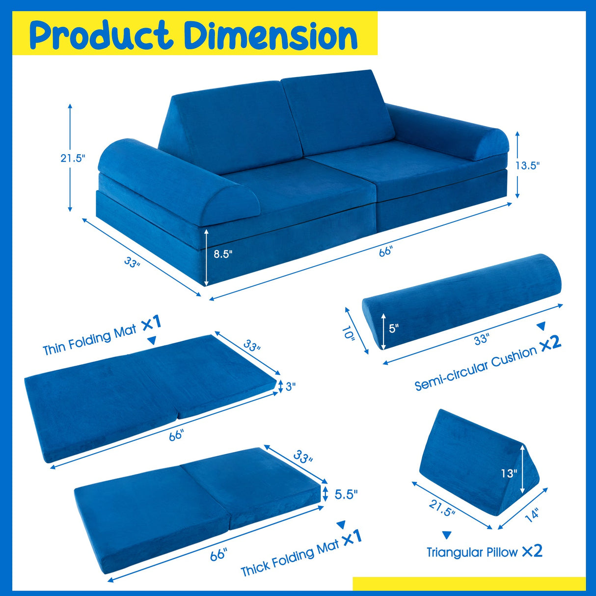 Juego de sofá convertible para niños de 6 piezas con cremallera