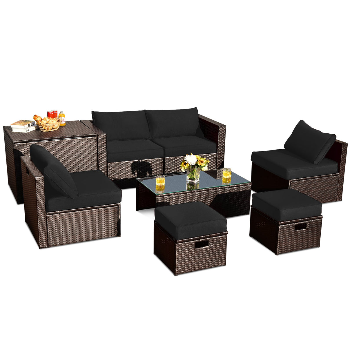 Juego de muebles de ratán de 8 piezas que ahorra espacio para patio con caja de almacenamiento y cubierta impermeable - Gris