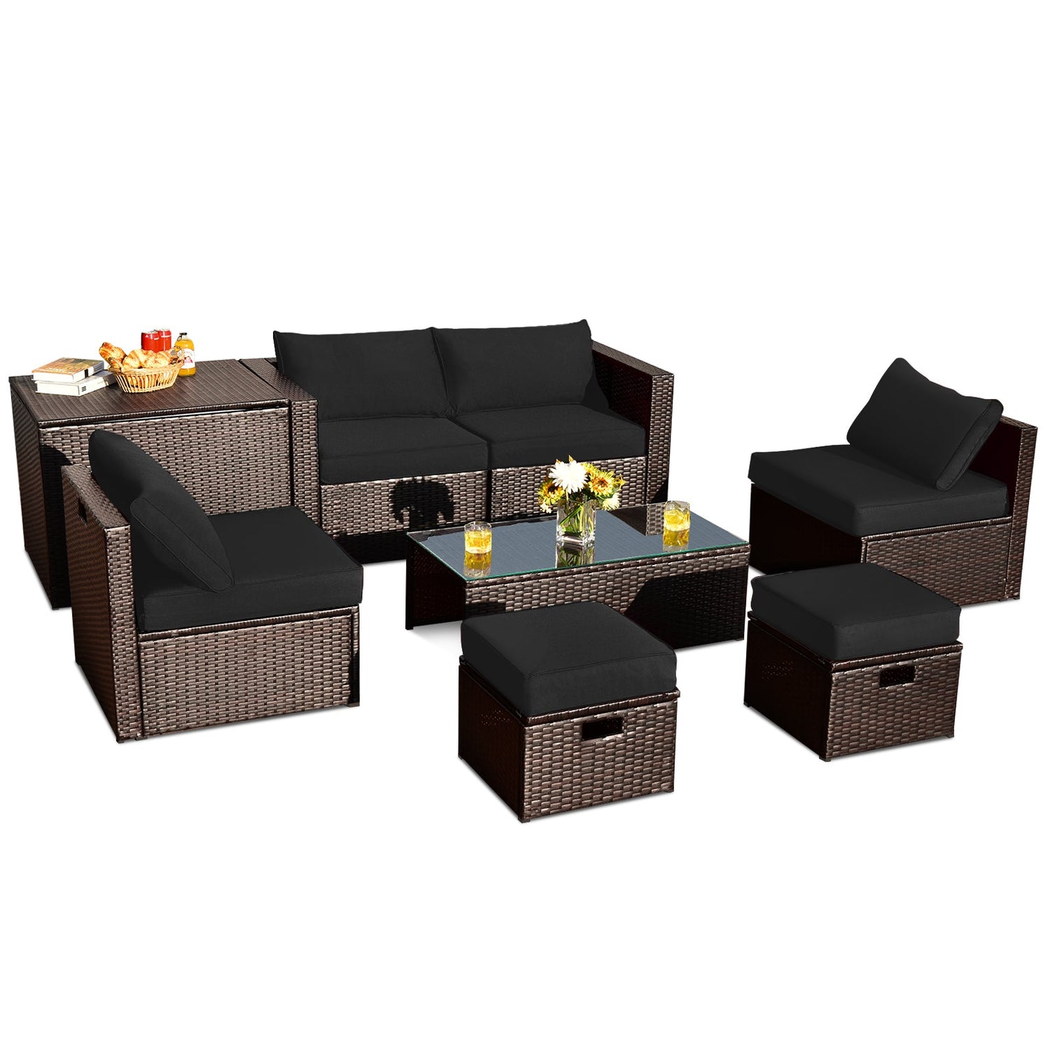 Juego de muebles de ratán de 8 piezas que ahorra espacio para patio con caja de almacenamiento y cubierta impermeable - Gris