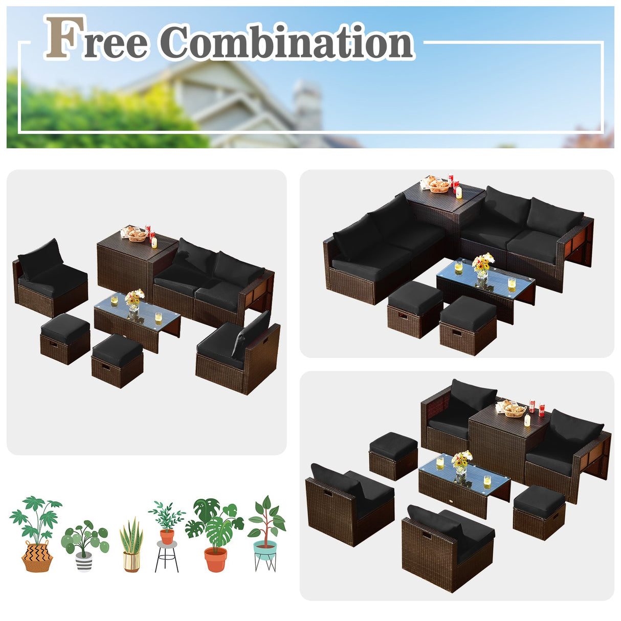 Juego de muebles de ratán de 8 piezas que ahorra espacio para patio con caja de almacenamiento y cubierta impermeable - Gris