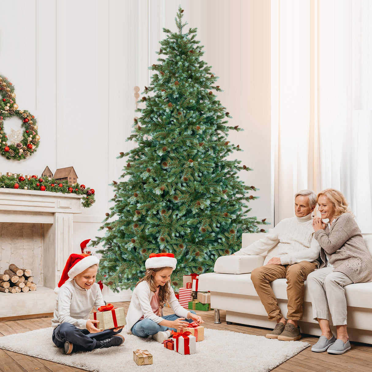 Árbol de Navidad de 1,8/2,1/2,4 metros con luces LED blancas cálidas y piñas