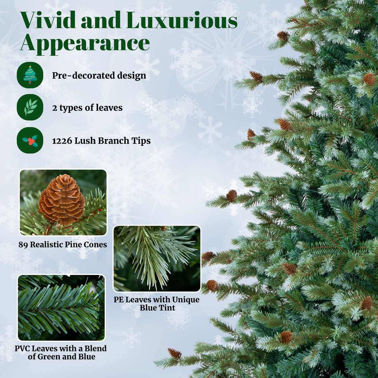 Árbol de Navidad de 1,8/2,1/2,4 metros con luces LED blancas cálidas y piñas