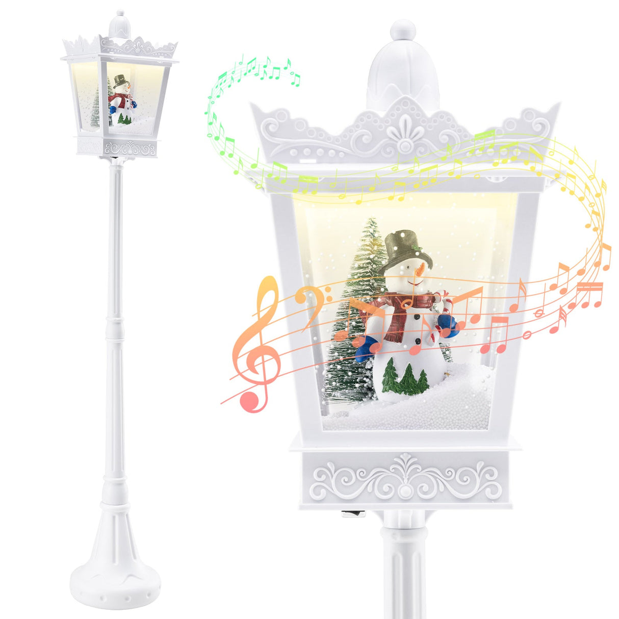 Farola musical navideña de 8 pies con luces LED blancas cálidas y efectos de nieve