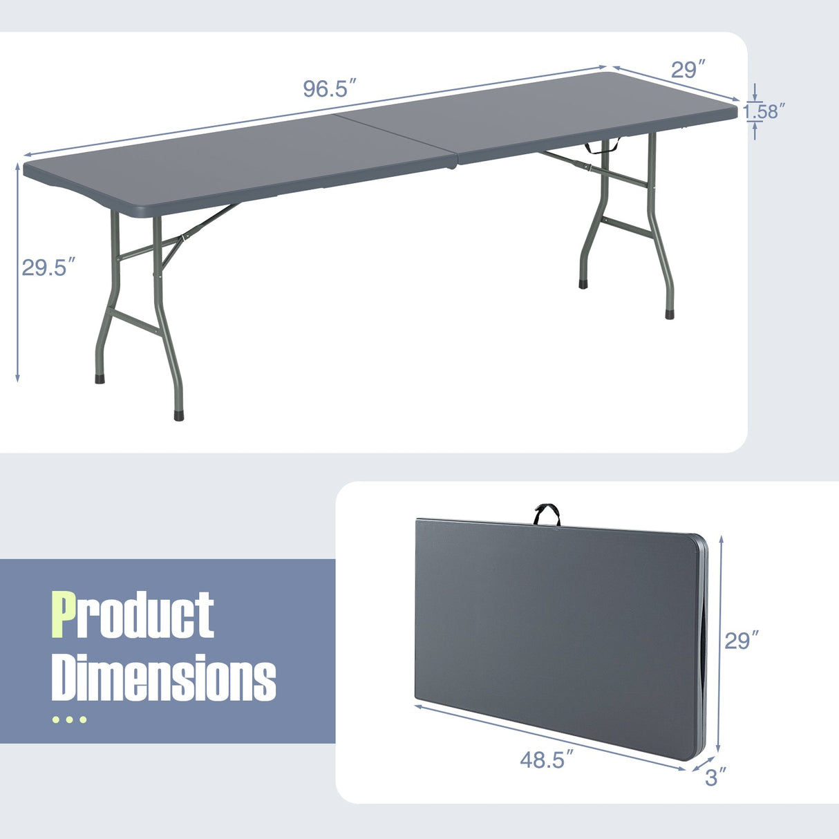 Mesa Plegable Portátil de 8 pies, 350 Libras, Plegable por la Mitad con Tablero de HDPE