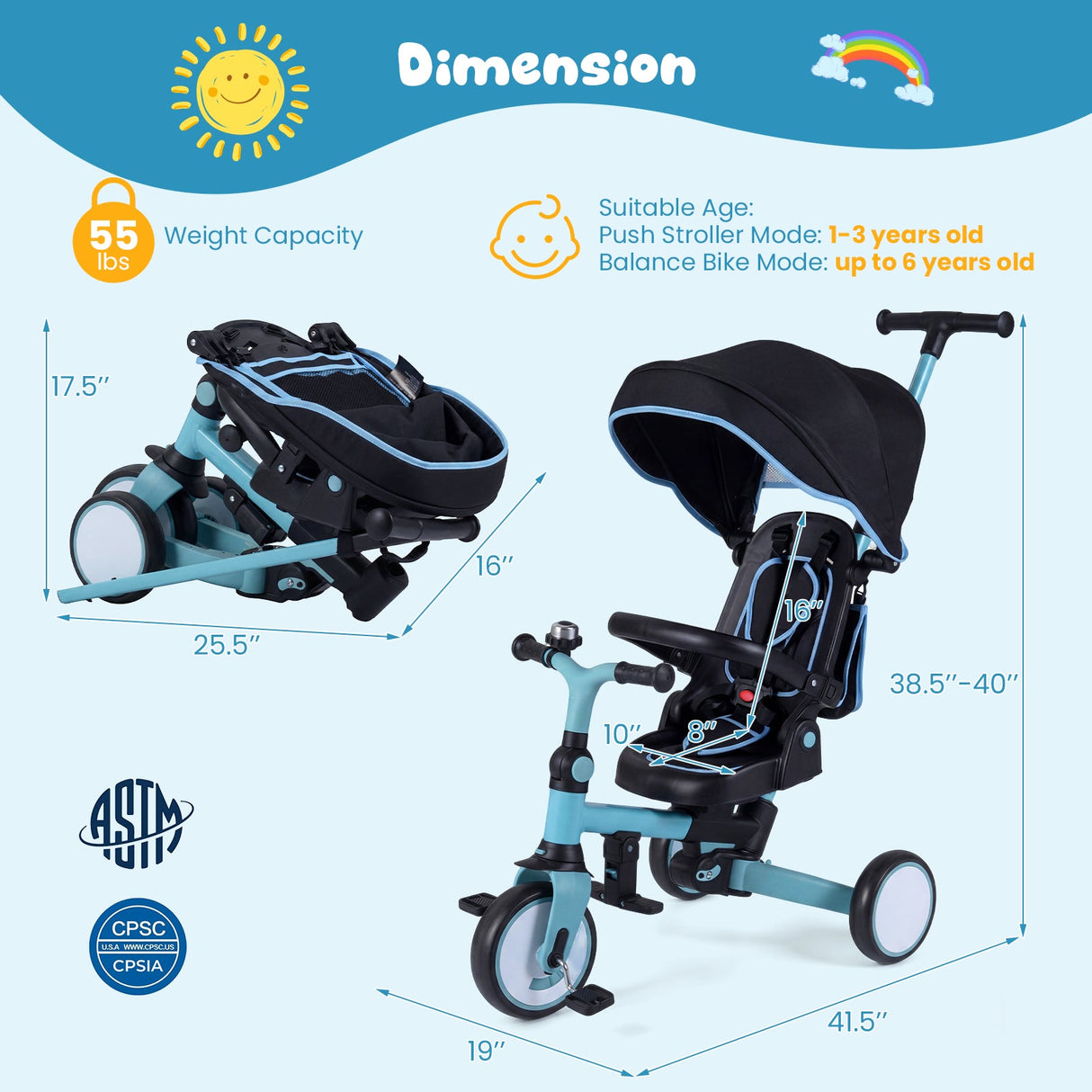 Triciclo infantil plegable 8 en 1 con capota extraíble y barra de empuje