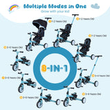 Triciclo infantil plegable 8 en 1 con capota extraíble y barra de empuje