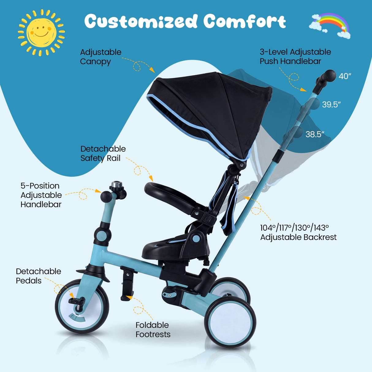 Triciclo infantil plegable 8 en 1 con capota extraíble y barra de empuje