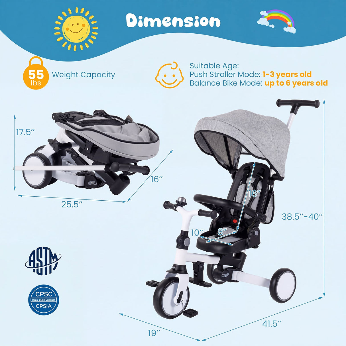 Triciclo infantil plegable 8 en 1 con capota extraíble y barra de empuje