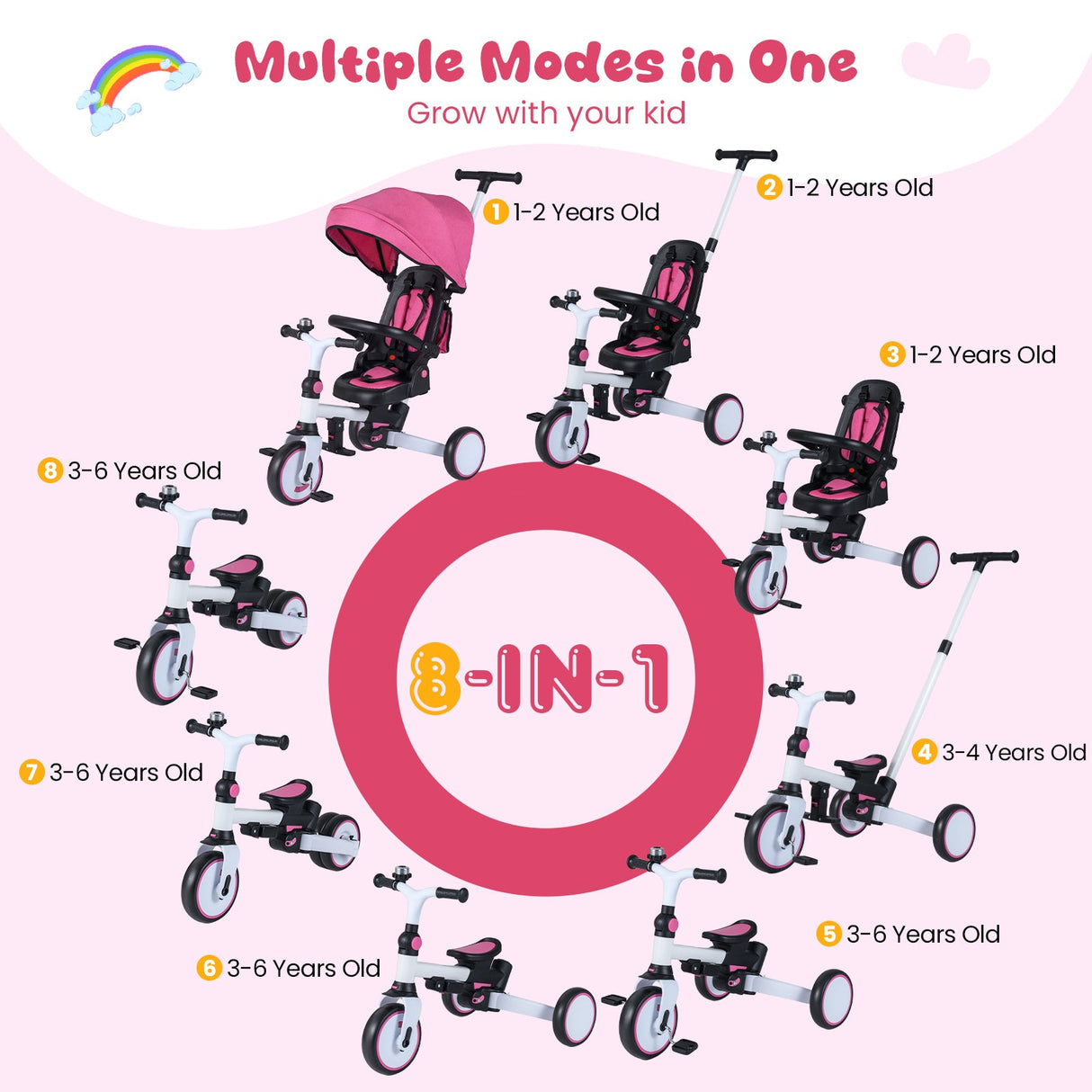 Triciclo infantil plegable 8 en 1 con capota extraíble y barra de empuje