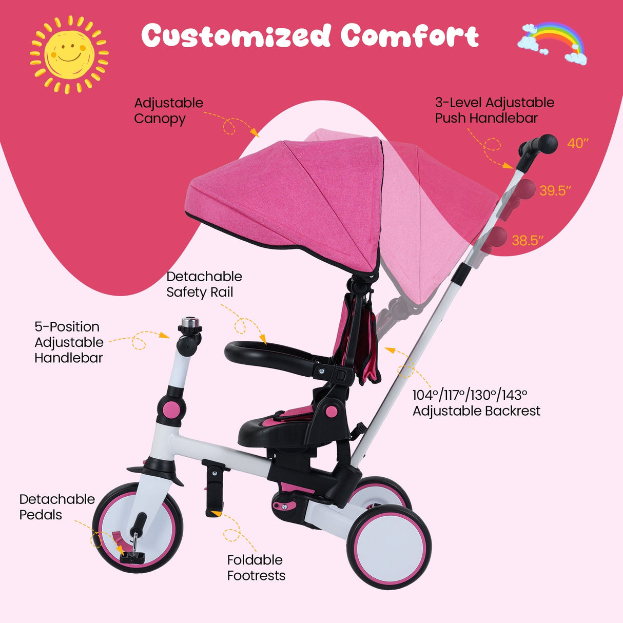 Triciclo infantil plegable 8 en 1 con capota extraíble y barra de empuje