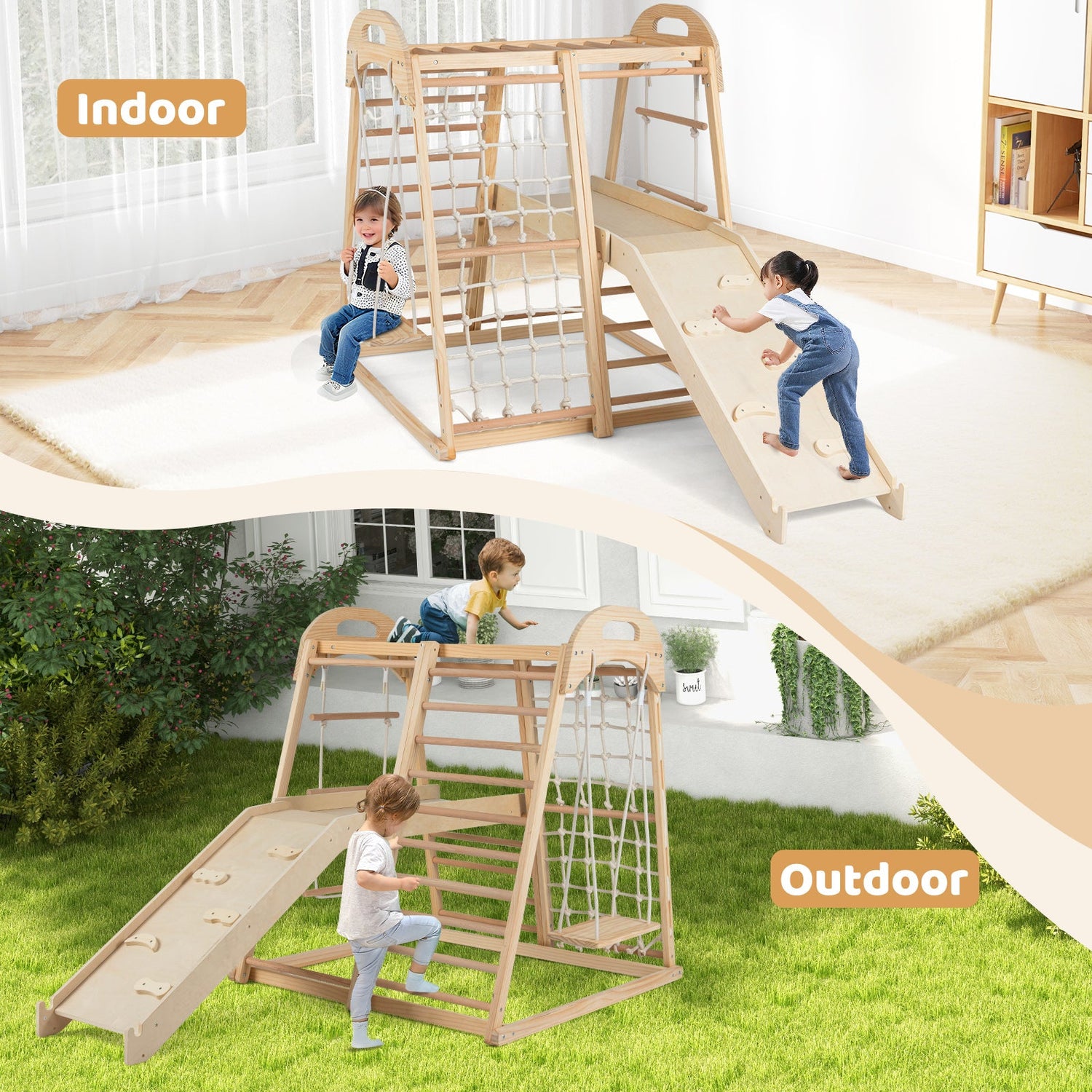 Juego de gimnasio de madera Montessori 8 en 1 para niños de 3 a 5 años con tobogán y barra de mono