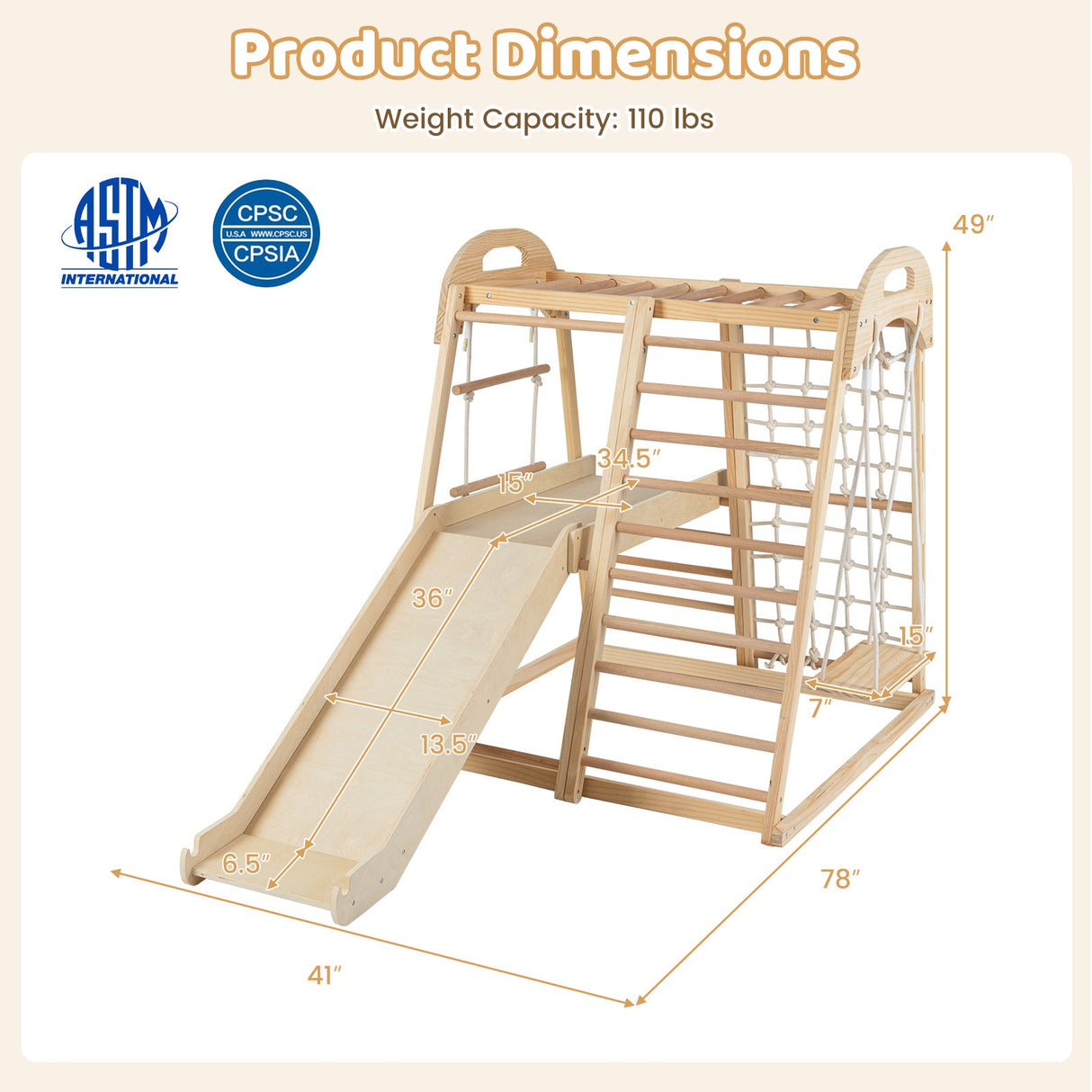 Juego de gimnasio de madera Montessori 8 en 1 para niños de 3 a 5 años con tobogán y barra de mono
