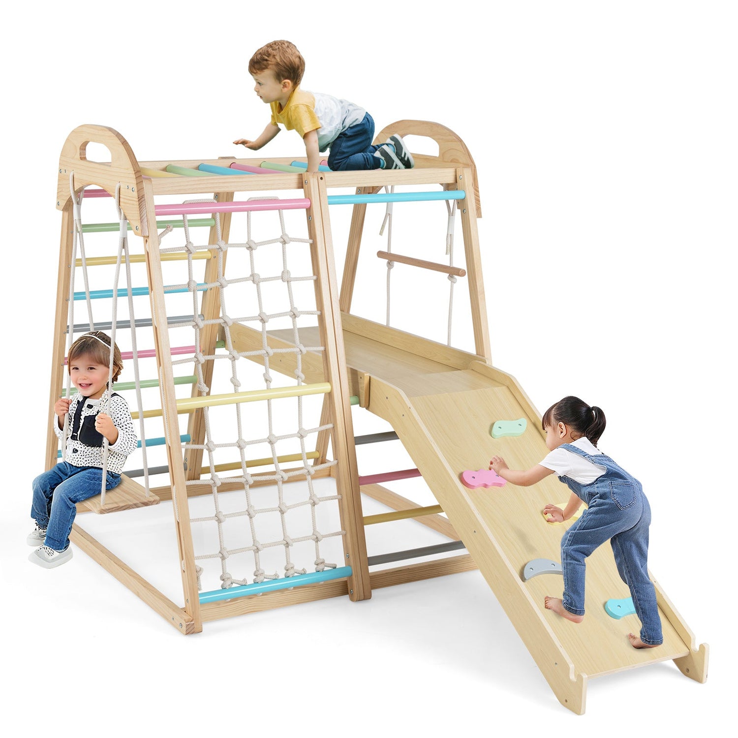 Juego de gimnasio de madera Montessori 8 en 1 para niños de 3 a 5 años con tobogán y barra de mono