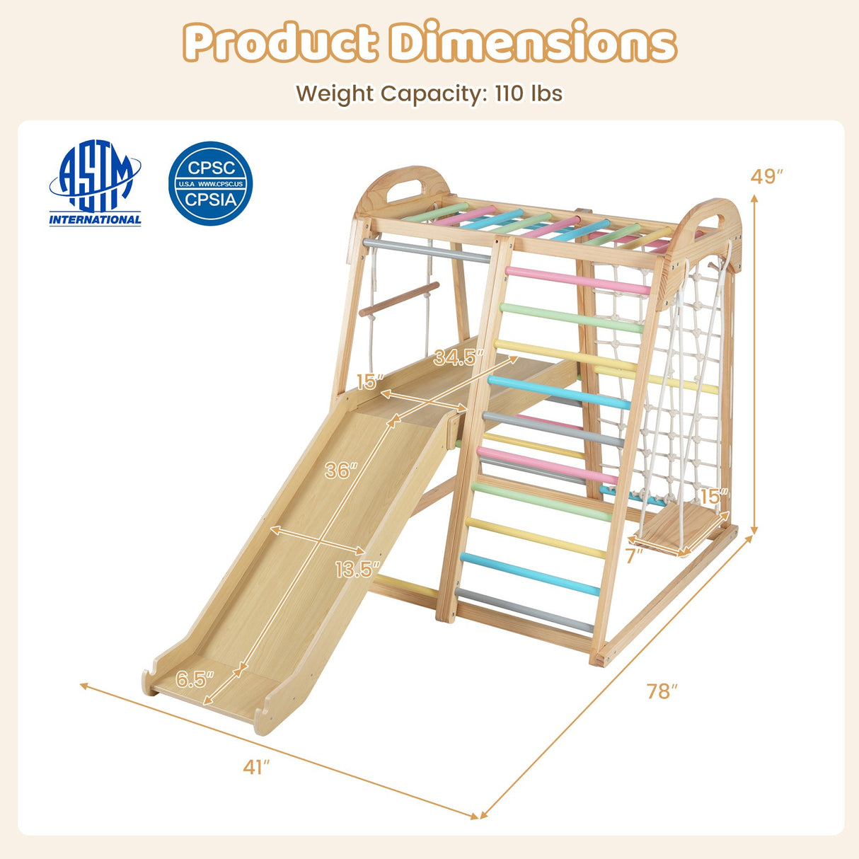 Juego de gimnasio de madera Montessori 8 en 1 para niños de 3 a 5 años con tobogán y barra de mono