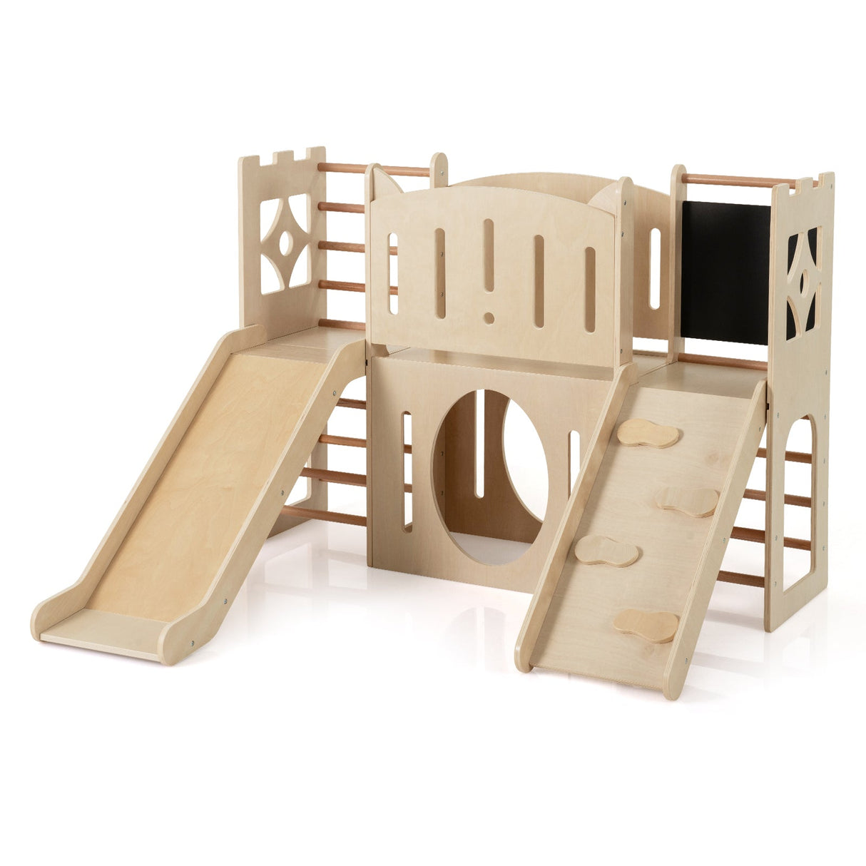 Tobogán infantil 8 en 1 Parque infantil de madera para interiores con escalador y pizarra - Natural