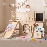 Tobogán infantil 8 en 1 Parque infantil de madera para interiores con escalador y pizarra - Natural