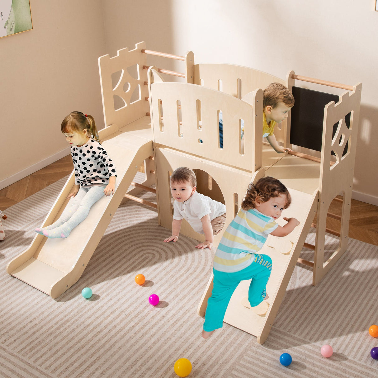 Tobogán infantil 8 en 1 Parque infantil de madera para interiores con escalador y pizarra - Natural