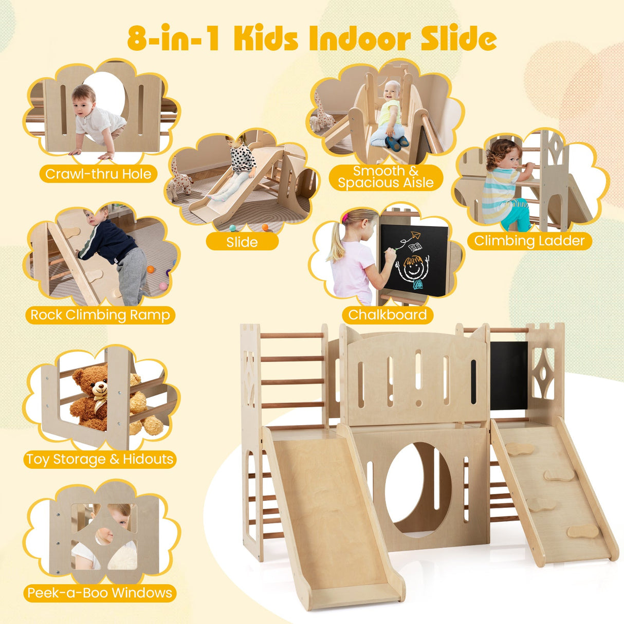 Tobogán infantil 8 en 1 Parque infantil de madera para interiores con escalador y pizarra - Natural