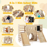 Tobogán infantil 8 en 1 Parque infantil de madera para interiores con escalador y pizarra - Natural