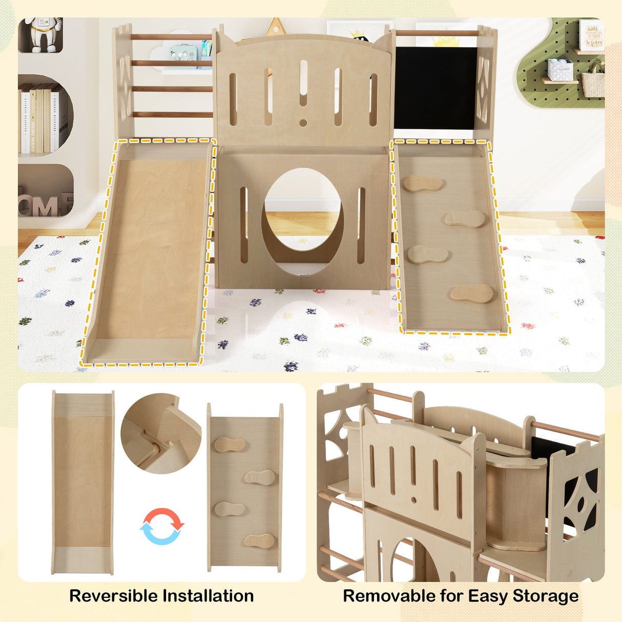 Tobogán infantil 8 en 1 Parque infantil de madera para interiores con escalador y pizarra - Natural