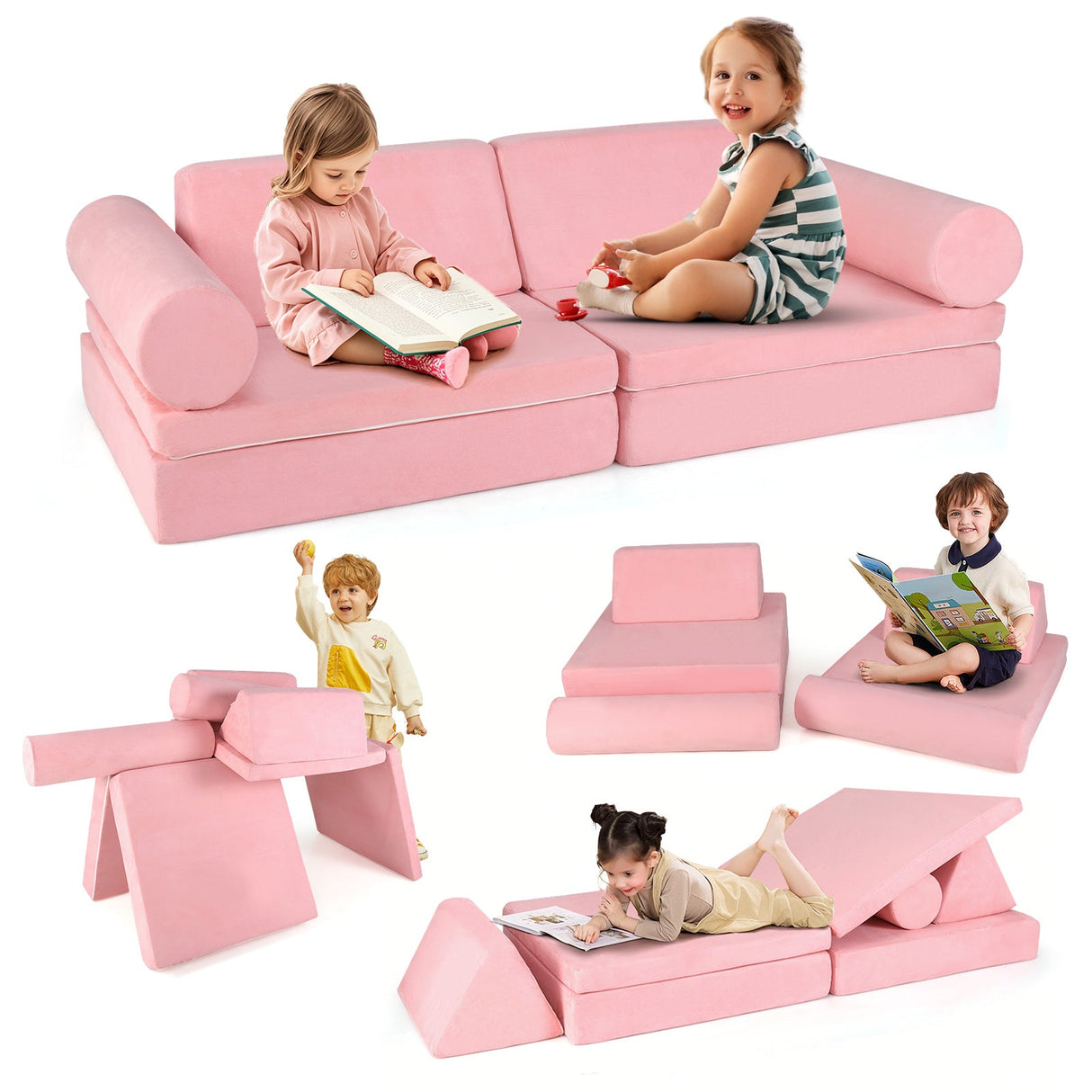Juego de construcción de fuerte de espuma para niños de 8 piezas con funda de gamuza - Rosa