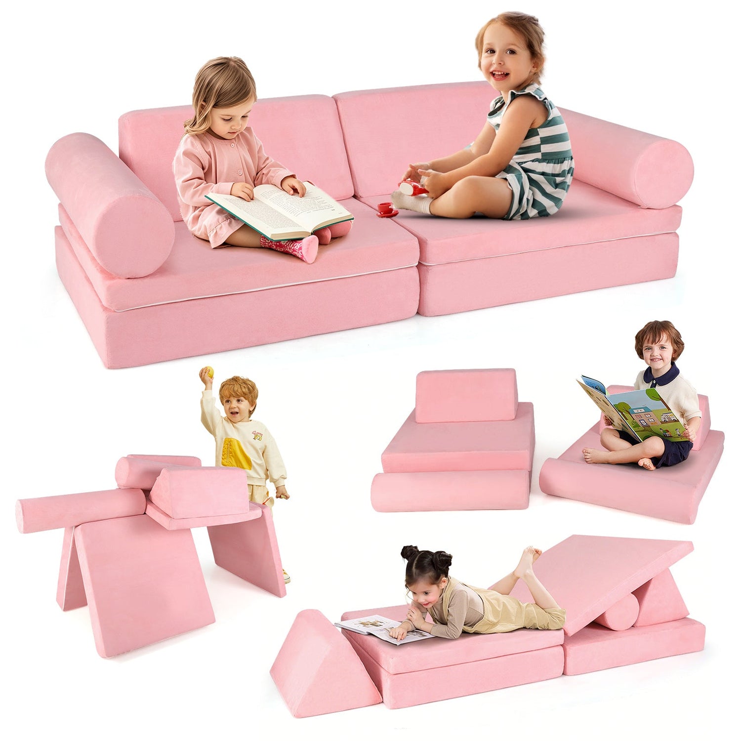 Juego de construcción de fuerte de espuma para niños de 8 piezas con funda de gamuza - Rosa