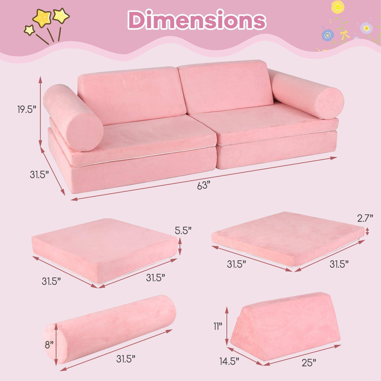 Juego de construcción de fuerte de espuma para niños de 8 piezas con funda de gamuza - Rosa