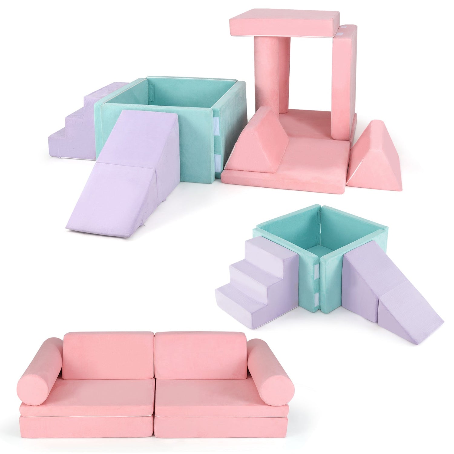 Juego de construcción de fuerte de espuma para niños de 8 piezas con funda de gamuza - Rosa