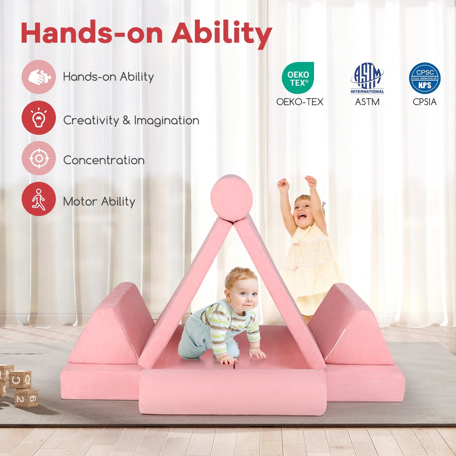 Juego de construcción de fuerte de espuma para niños de 8 piezas con funda de gamuza - Rosa
