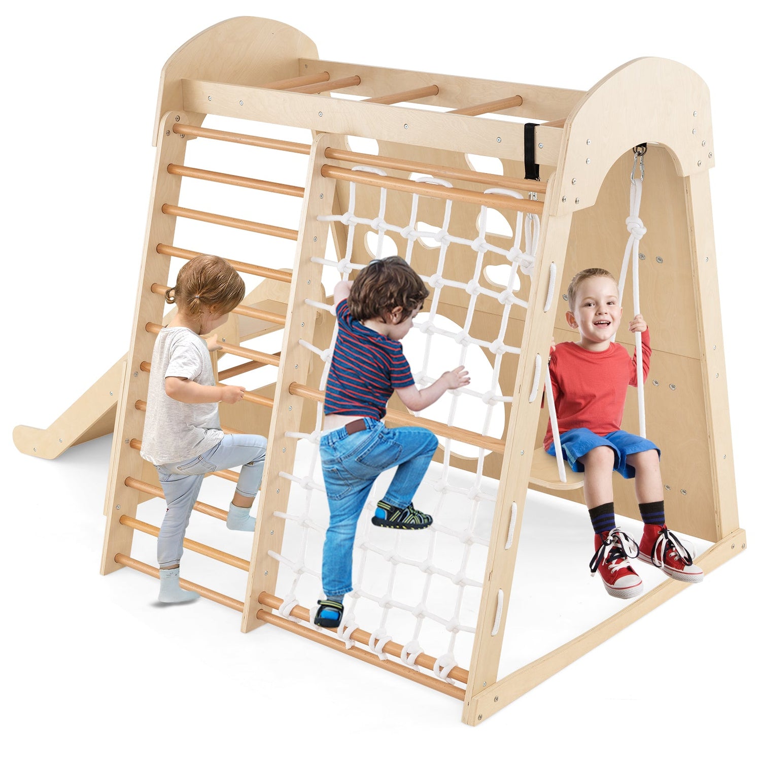 Parque infantil de madera 8 en 1 para interior con columpio y rocódromo - Natural