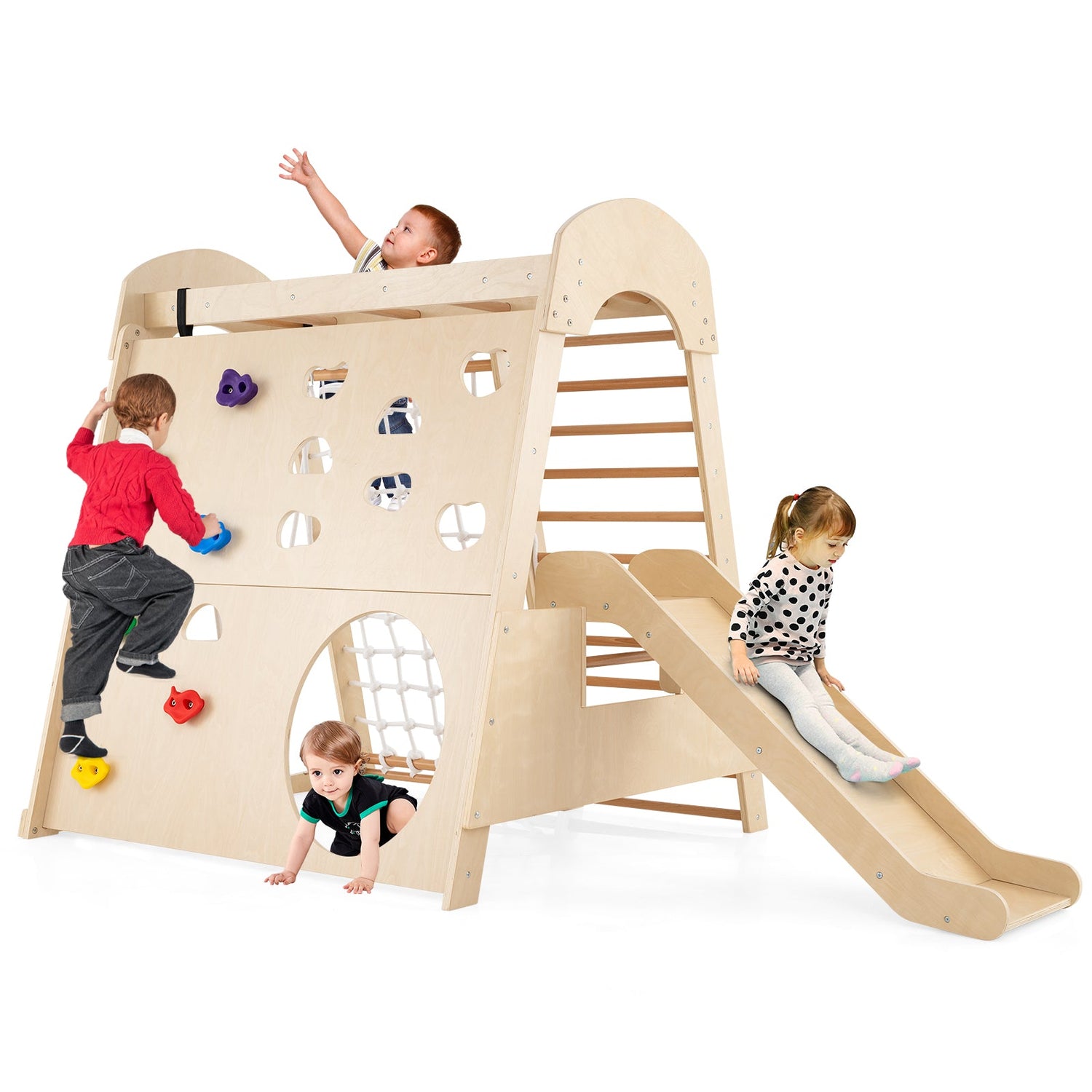 Parque infantil de madera 8 en 1 para interior con columpio y rocódromo - Natural