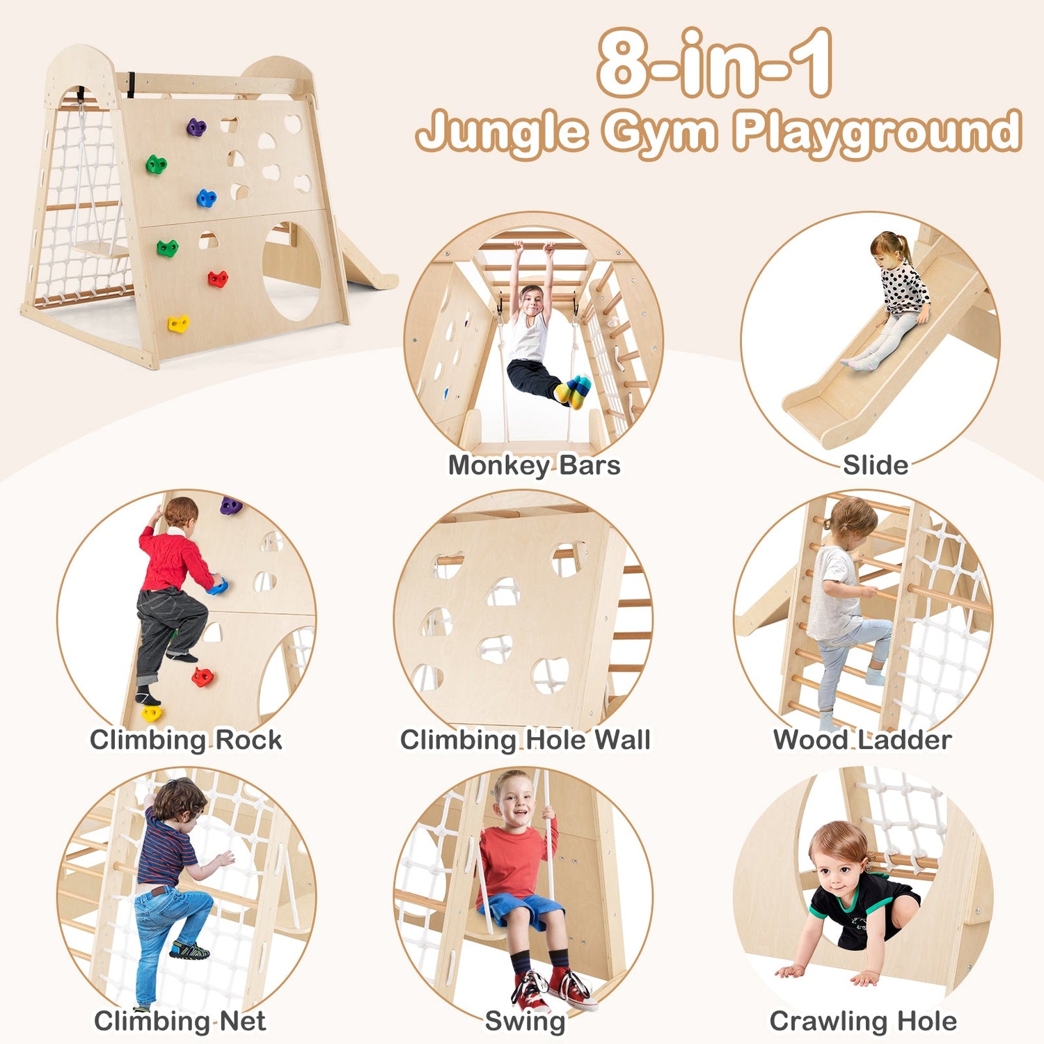 Parque infantil de madera 8 en 1 para interior con columpio y rocódromo - Natural