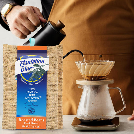 Plantation Blue 100% Jamaica Blue Mountain Coffee - Dark Roasted Whole Beans (8oz)