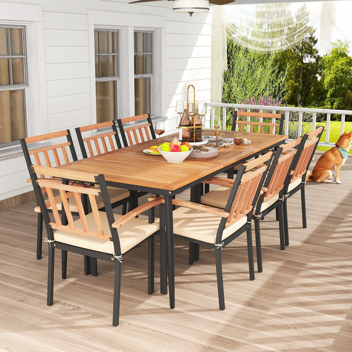 Juego de comedor de patio de 9 piezas con 8 sillones de madera