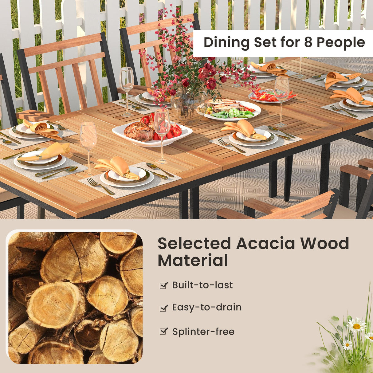 Juego de comedor de patio de 9 piezas con 8 sillones de madera