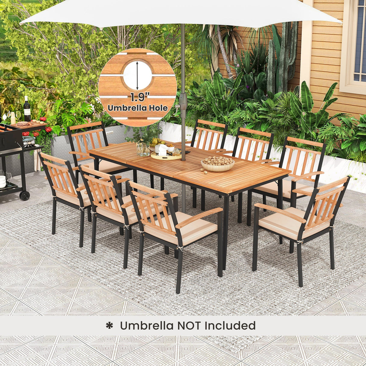 Juego de comedor de patio de 9 piezas con 8 sillones de madera