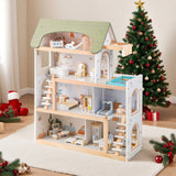 Casa de muñecas de madera para niños, casa de juegos de simulación con 33 accesorios de muebles - Verde