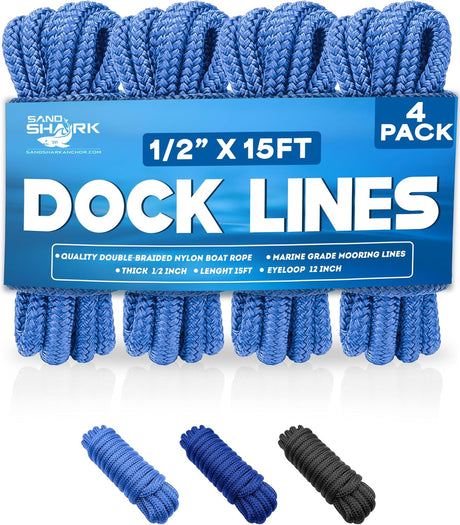 Paquete de 4 amarras premium – Reforzadas para barcos, motos acuáticas y pontones (1/2"x15')