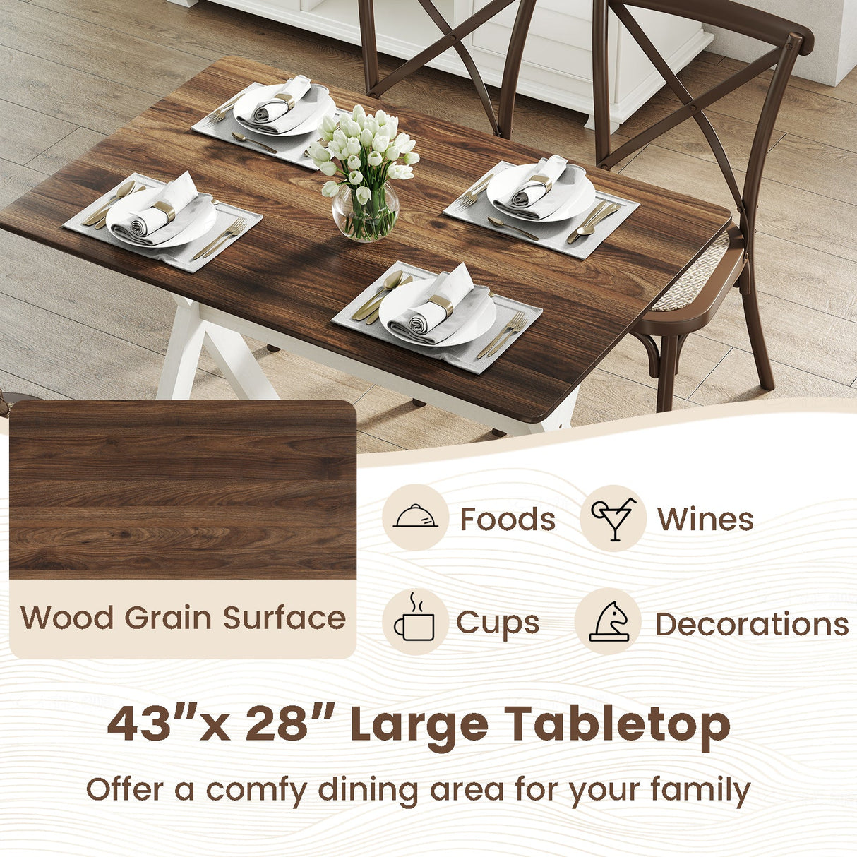 Mesa de comedor moderna, mesa de cocina de madera con estructura en forma de X - Blanca