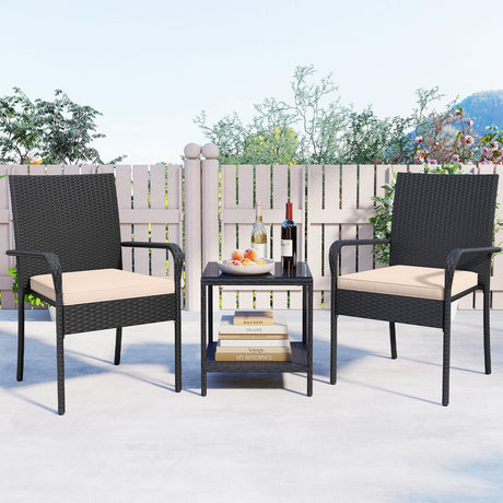 Juego de muebles de patio de 3 piezas con cojines de asiento y mesa con cubierta de vidrio templado