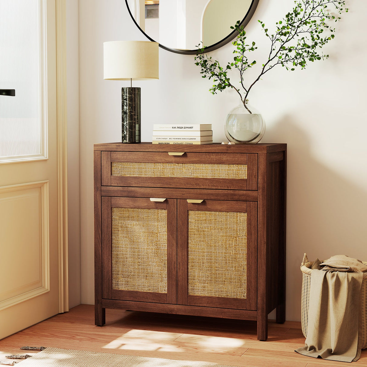 Mueble aparador con puertas de ratán y cajón - Marrón