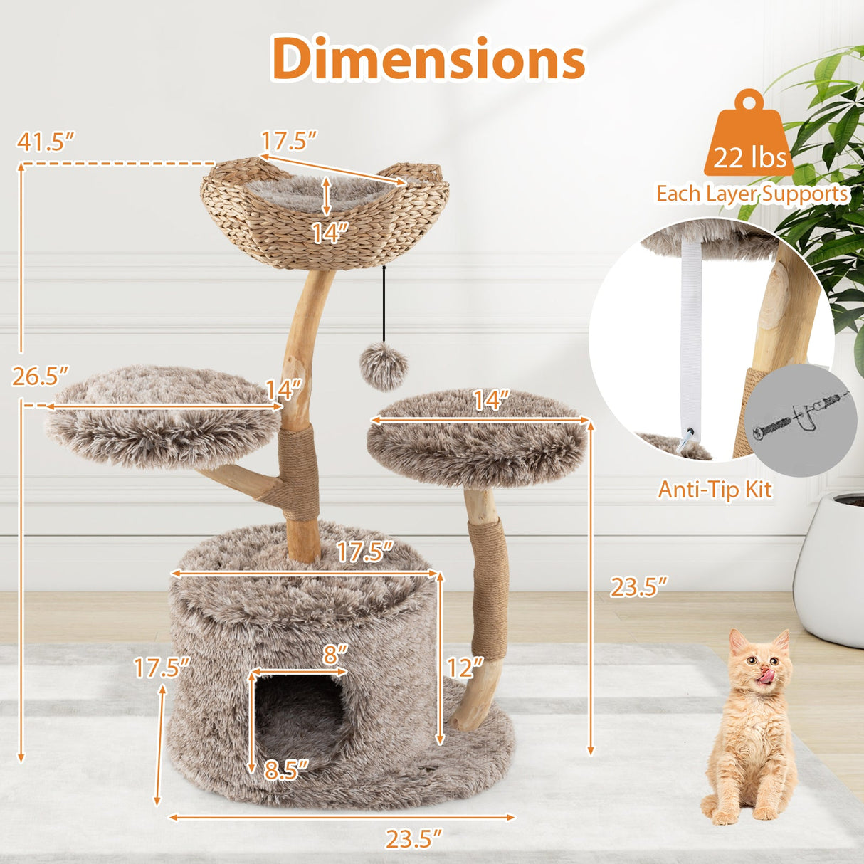 Árbol para gatos de madera maciza, árbol para gatos de peral con plataforma y postes rascadores de sisal - Marrón