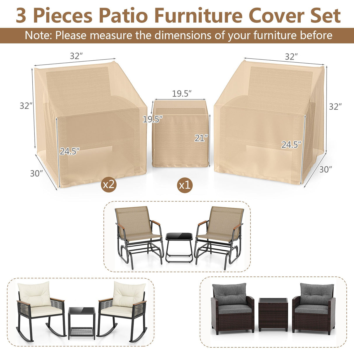 Fundas Impermeables para Muebles de Patio, Fundas para Conjunto de Conversación Exterior de 3 Piezas para Bistró - Beige